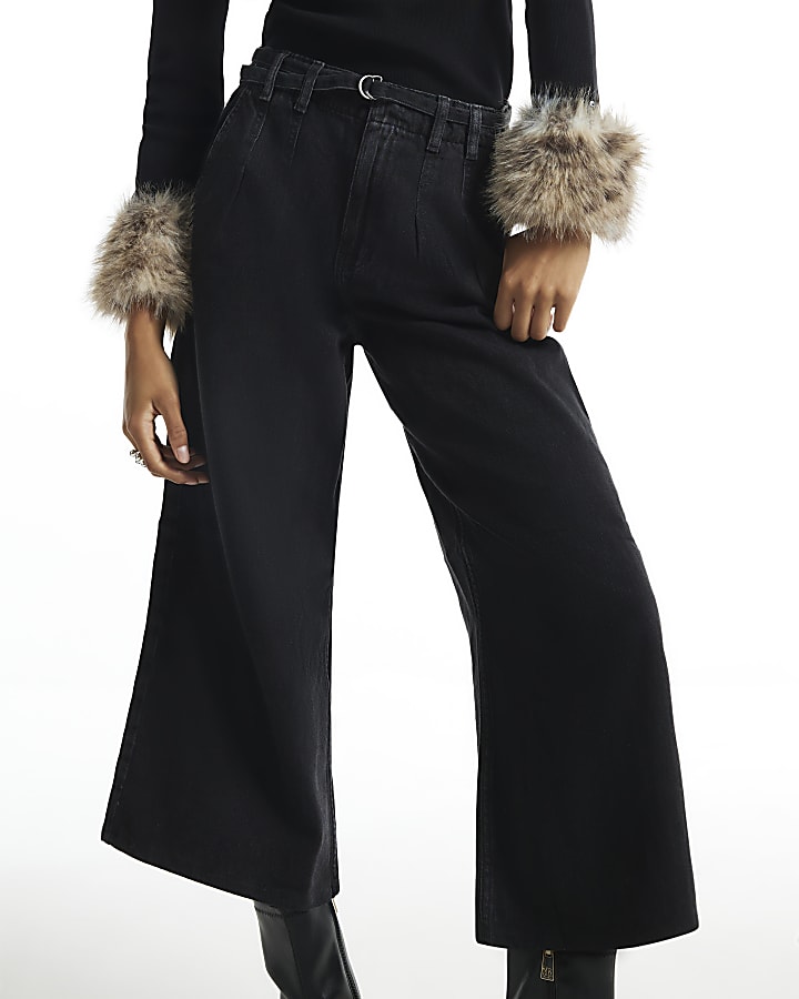 Black Mid Rise Wide Leg Belted Crop Jeans