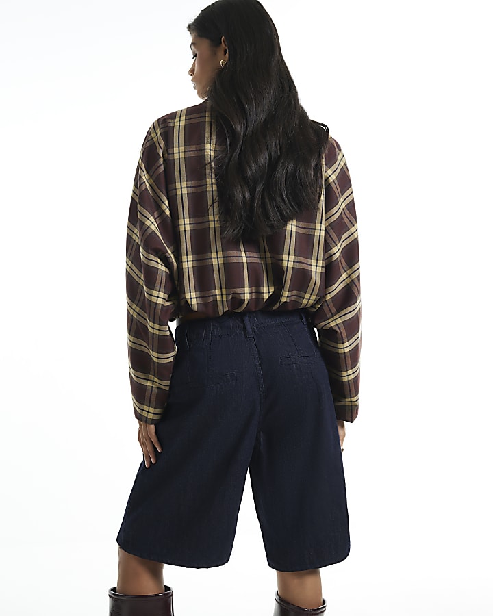 Blue Mid Rise Pleat Front Denim Jorts