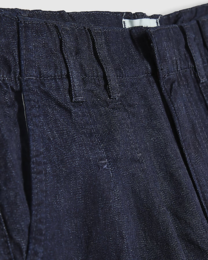 Blue Mid Rise Pleat Front Denim Jorts