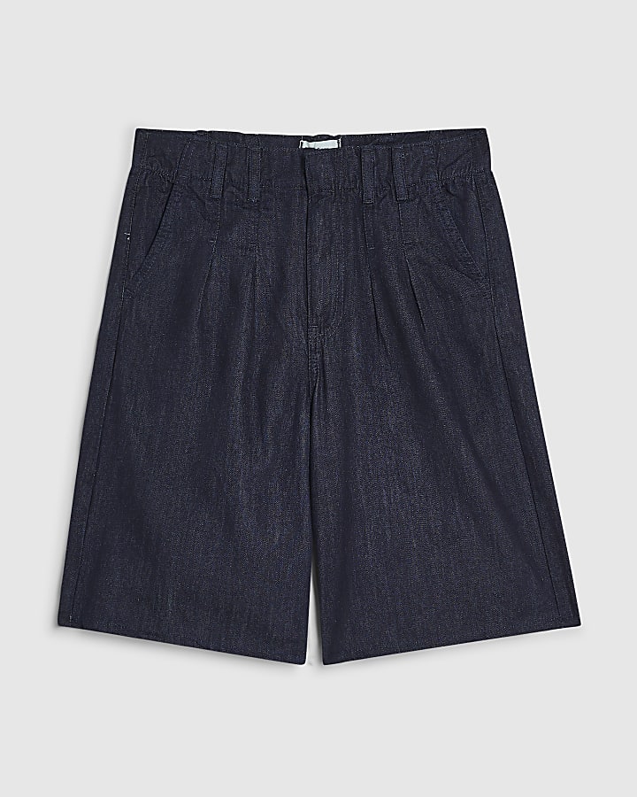 Blue Mid Rise Pleat Front Denim Jorts