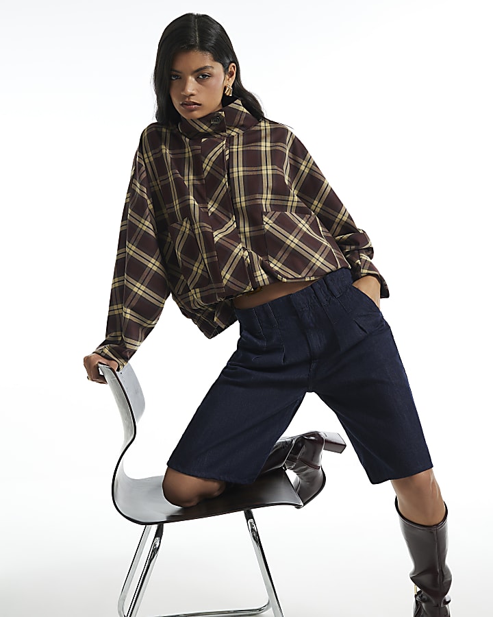 Blue Mid Rise Pleat Front Denim Jorts