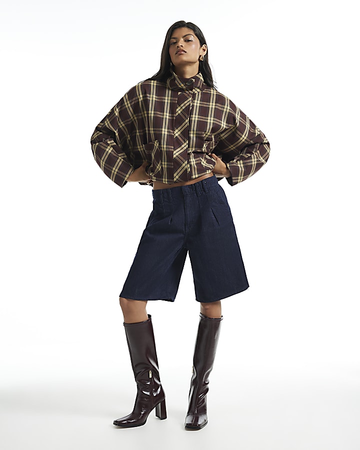 Blue Mid Rise Pleat Front Denim Jorts