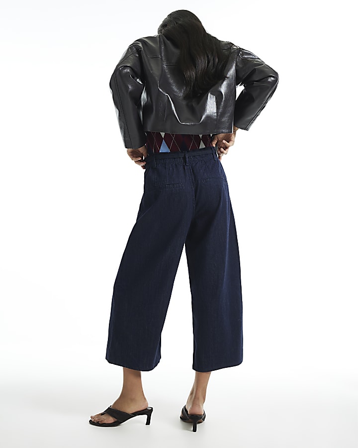 Blue Mid Rise Wide Leg Belted Crop Jeans