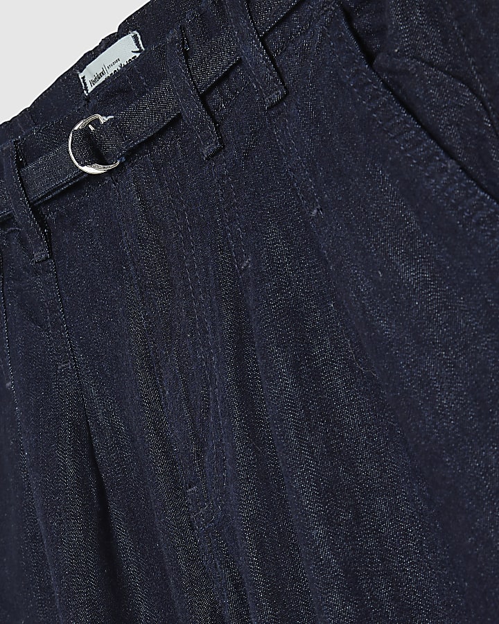 Blue Mid Rise Wide Leg Belted Crop Jeans