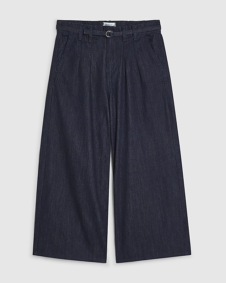 Blue Mid Rise Wide Leg Belted Crop Jeans