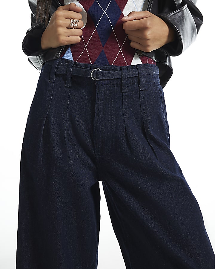 Blue Mid Rise Wide Leg Belted Crop Jeans