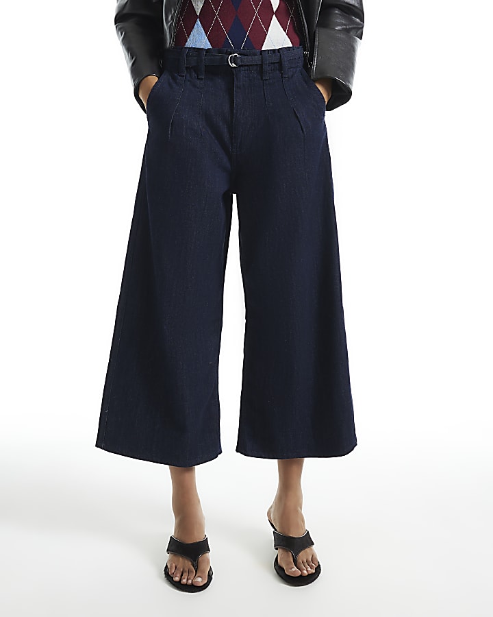 Blue Mid Rise Wide Leg Belted Crop Jeans