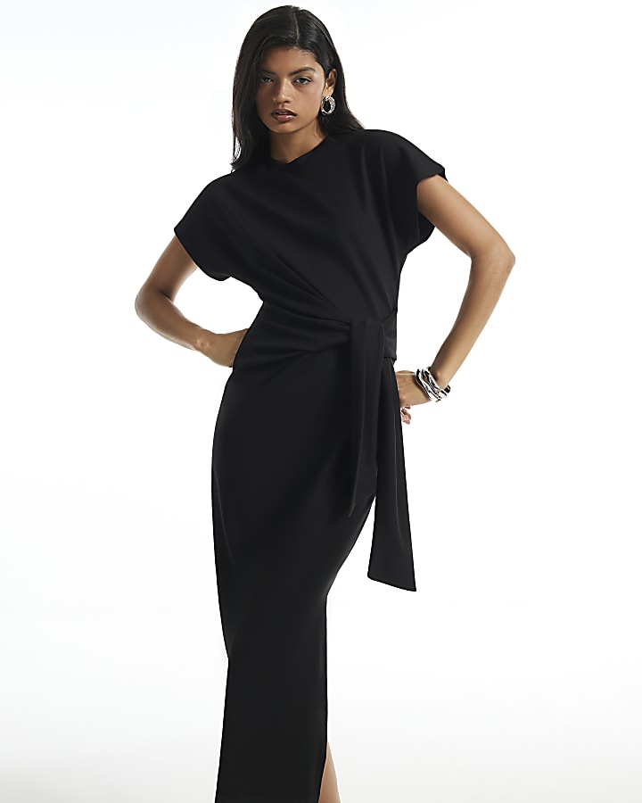 Black Tie Side Premium Midi Dress