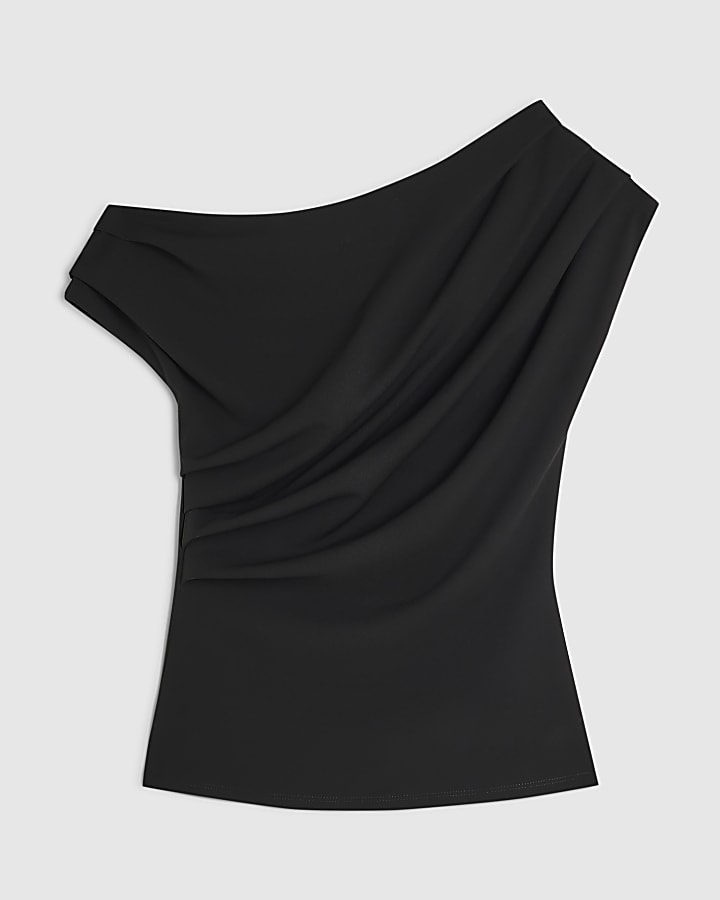 Black Asymmetric Short Sleeve Drape Top