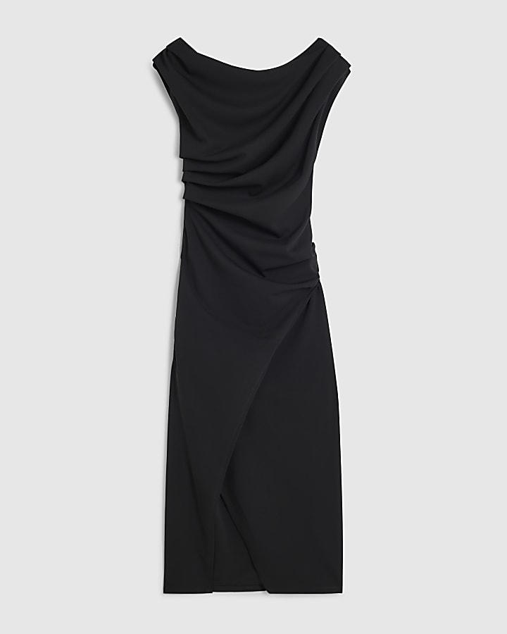 Black Asymmetric Drape Wrap Midi Dress