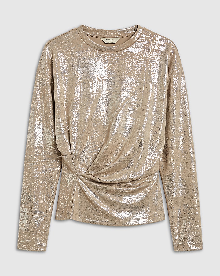 Beige Premium Metallic Tuck Side Top