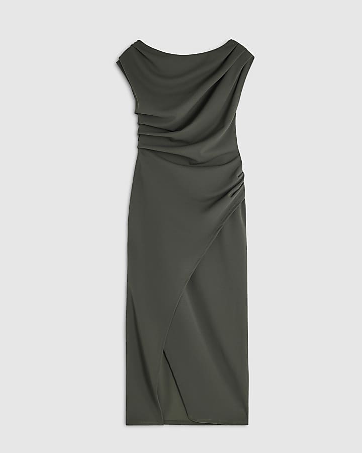 Green Asymmetric Drape Wrap Midi Dress