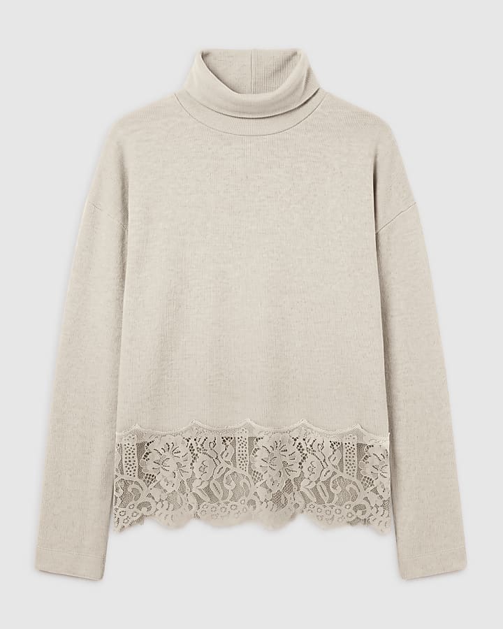 Beige Cosy Roll Neck Lace Trim Jumper 