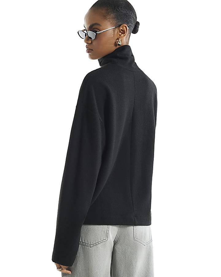 Black Cosy Roll Neck Lace Trim Jumper 