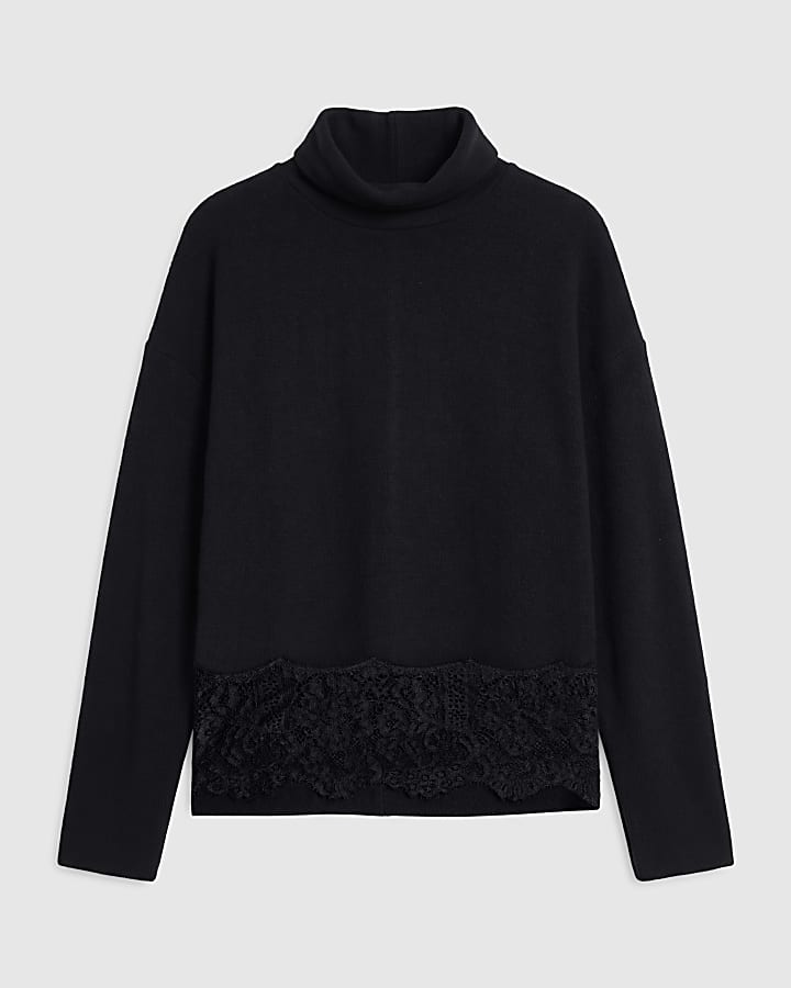 Black Cosy Roll Neck Lace Trim Jumper 