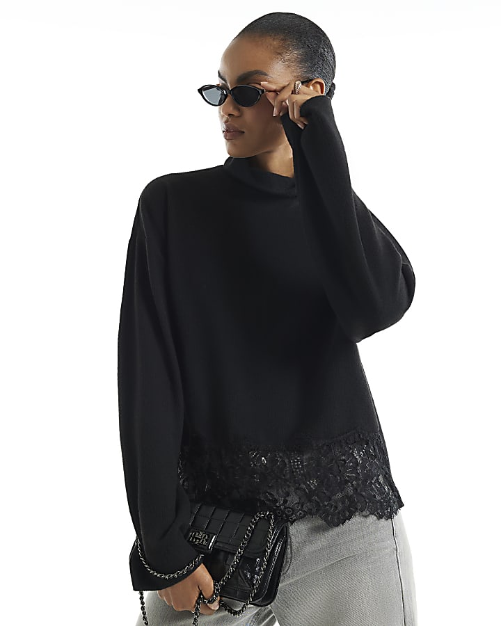 Black Cosy Roll Neck Lace Trim Jumper 