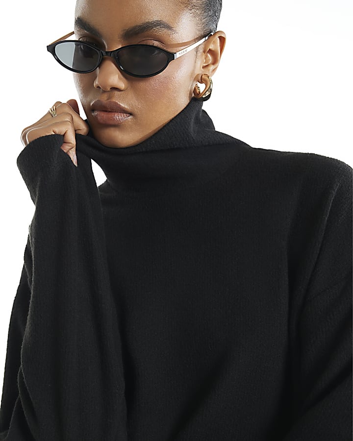 Black Cosy Roll Neck Lace Trim Jumper 