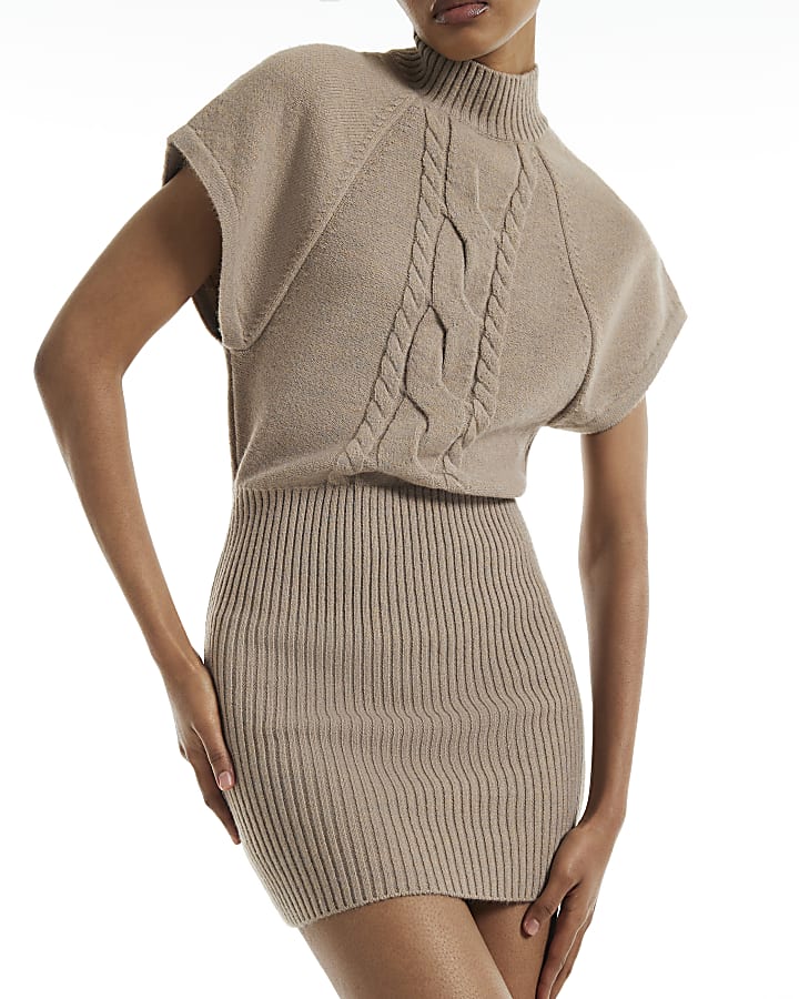 Beige Cable Knit High Neck Short Mini Dress