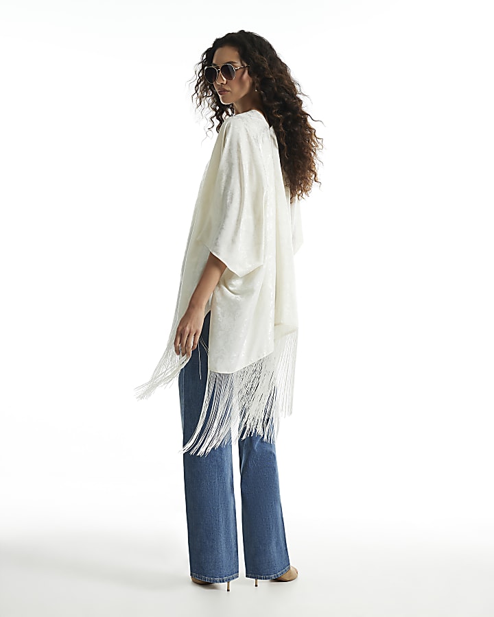 Black Jacquard Tassel Trim Kimono