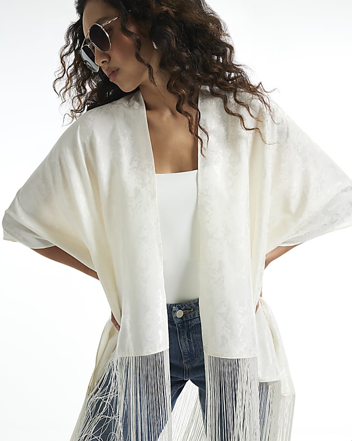 Black Jacquard Tassel Trim Kimono