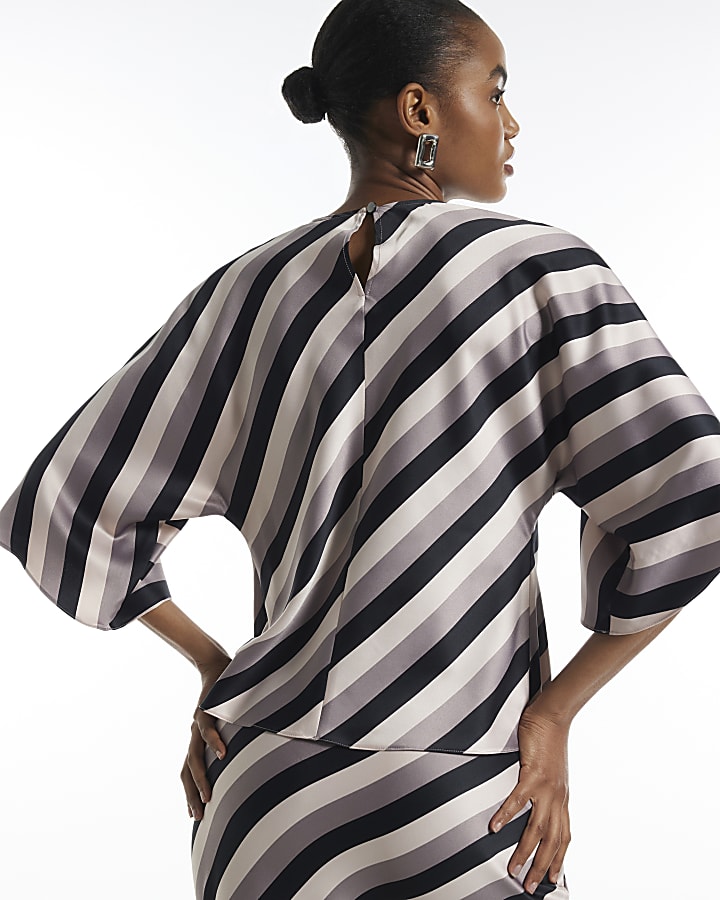 Grey Stripe Satin Cowl Neck Top