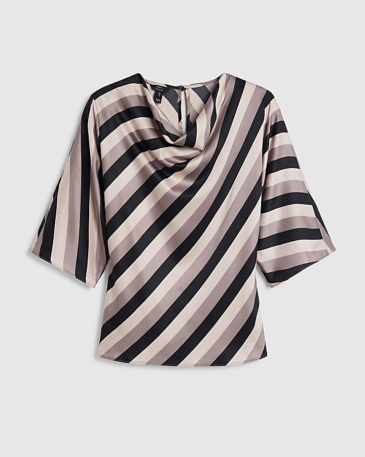 Grey Stripe Satin Cowl Neck Top