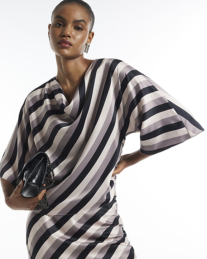 Grey Stripe Satin Cowl Neck Top