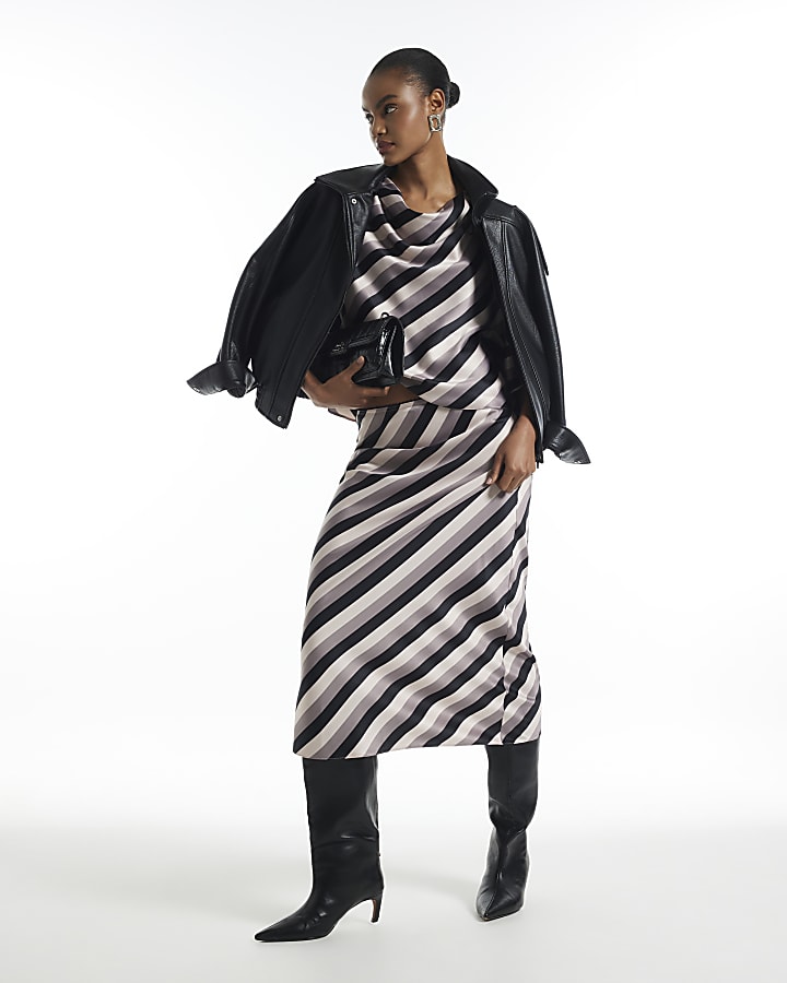 Grey Stripe Satin Cowl Neck Top