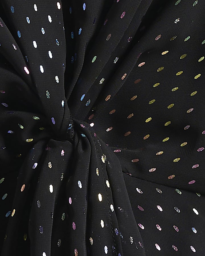 Black Crepe Rainbow Dot Knot Front Blouse