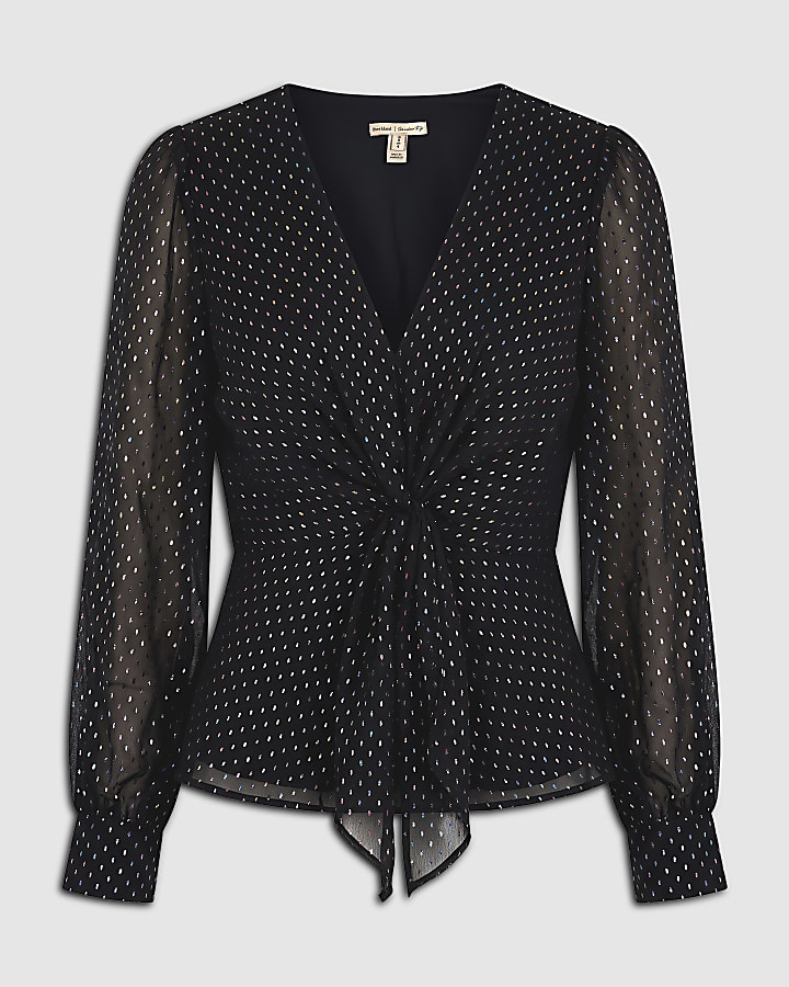 Black Crepe Rainbow Dot Knot Front Blouse