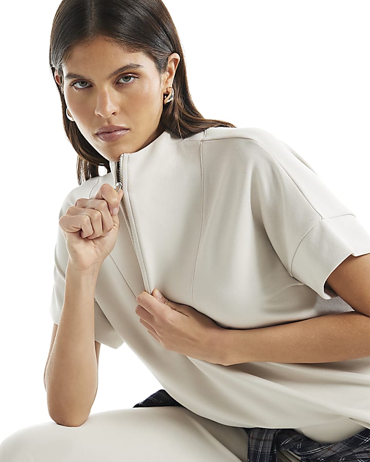 Cream Premium Funnel Neck Zip Up Top