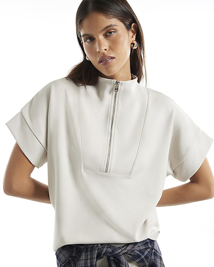 Cream Premium Funnel Neck Zip Up Top