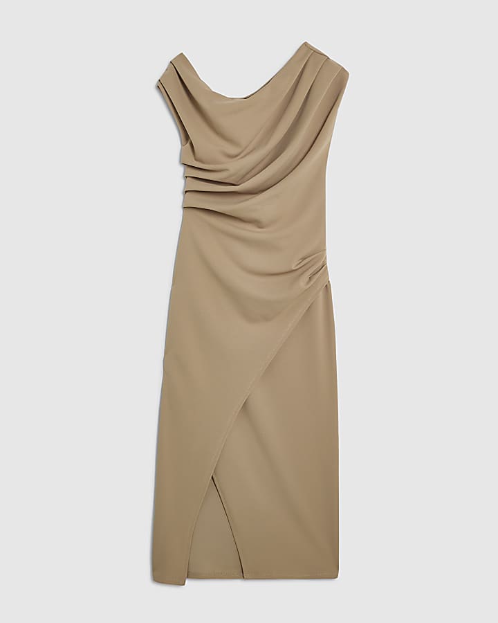 Brown Asymmetric Drape Wrap Midi Dress