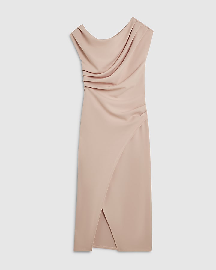 Pink Asymmetric Drape Wrap Midi Dress
