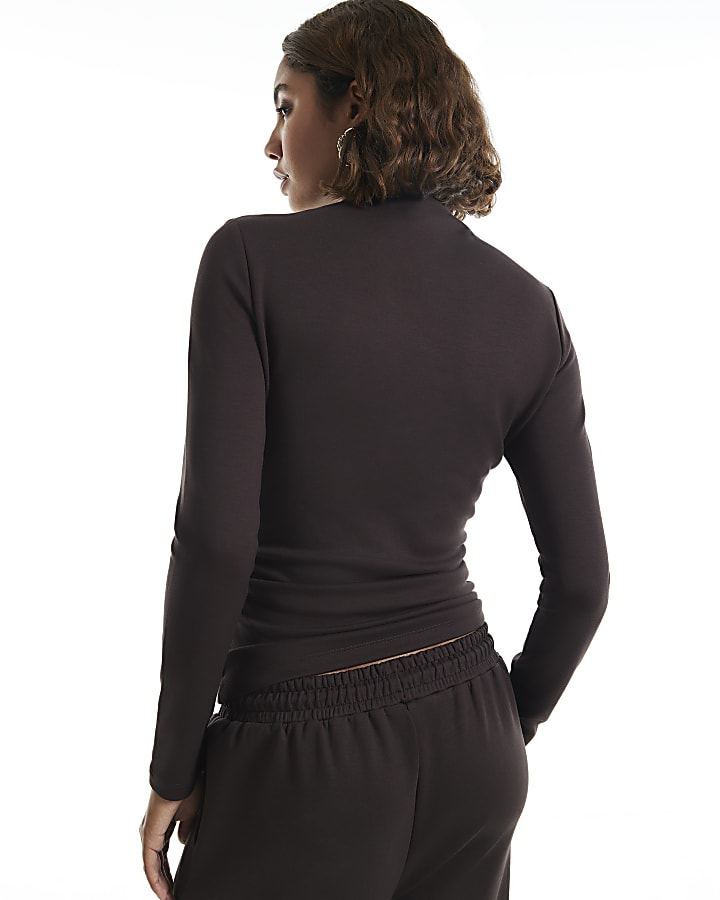 Brown Premium High Neck Ruched Top