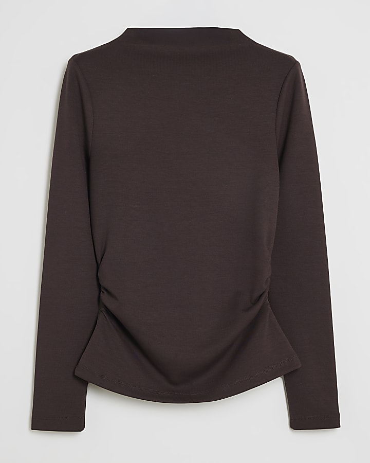 Brown Premium High Neck Ruched Top