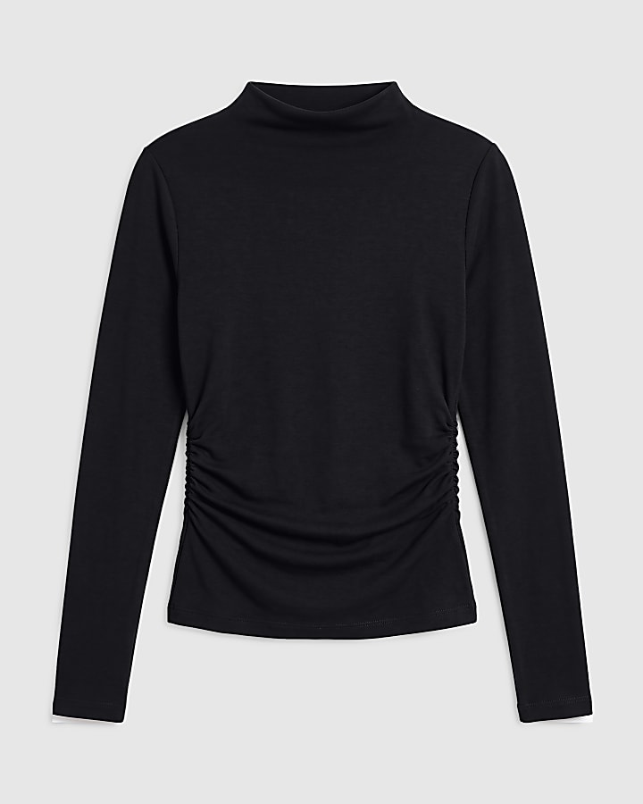 Black Premium High Neck Ruched Top