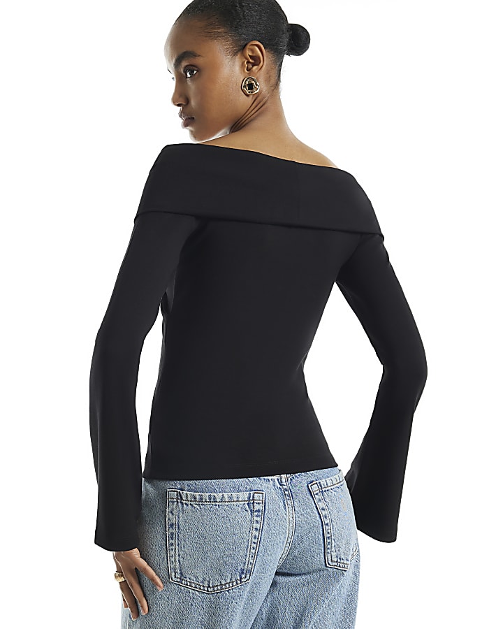 Black Cross Front Bardot Top 