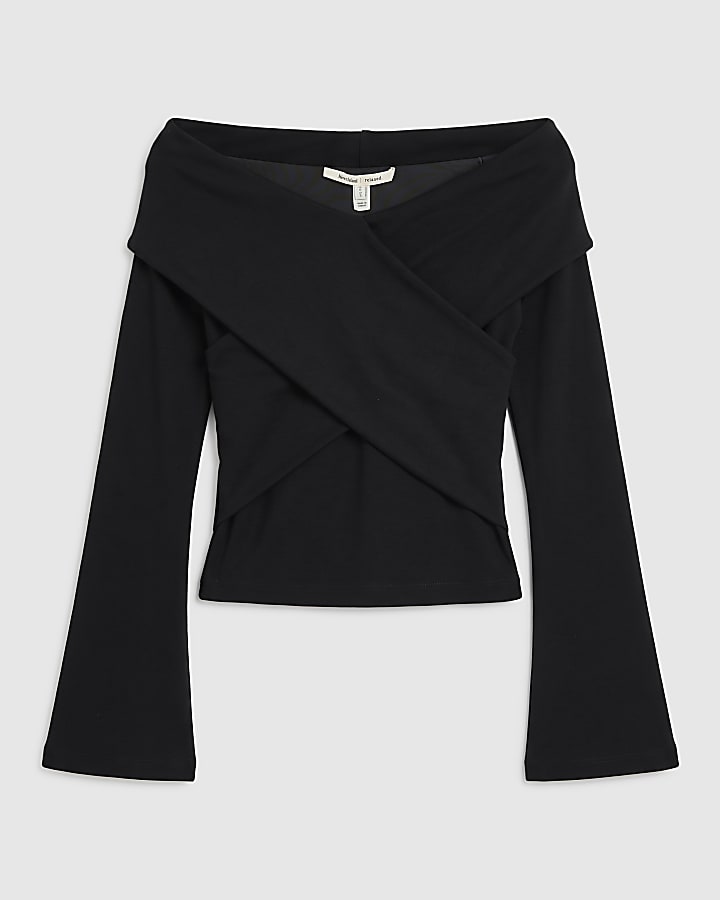 Black Cross Front Bardot Top 