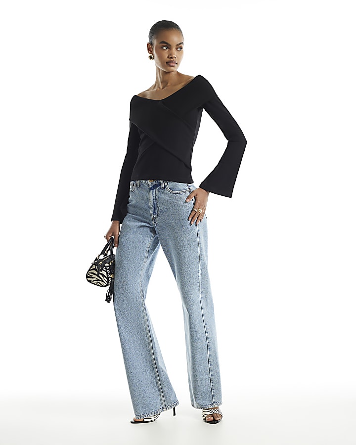 Black Cross Front Bardot Top 