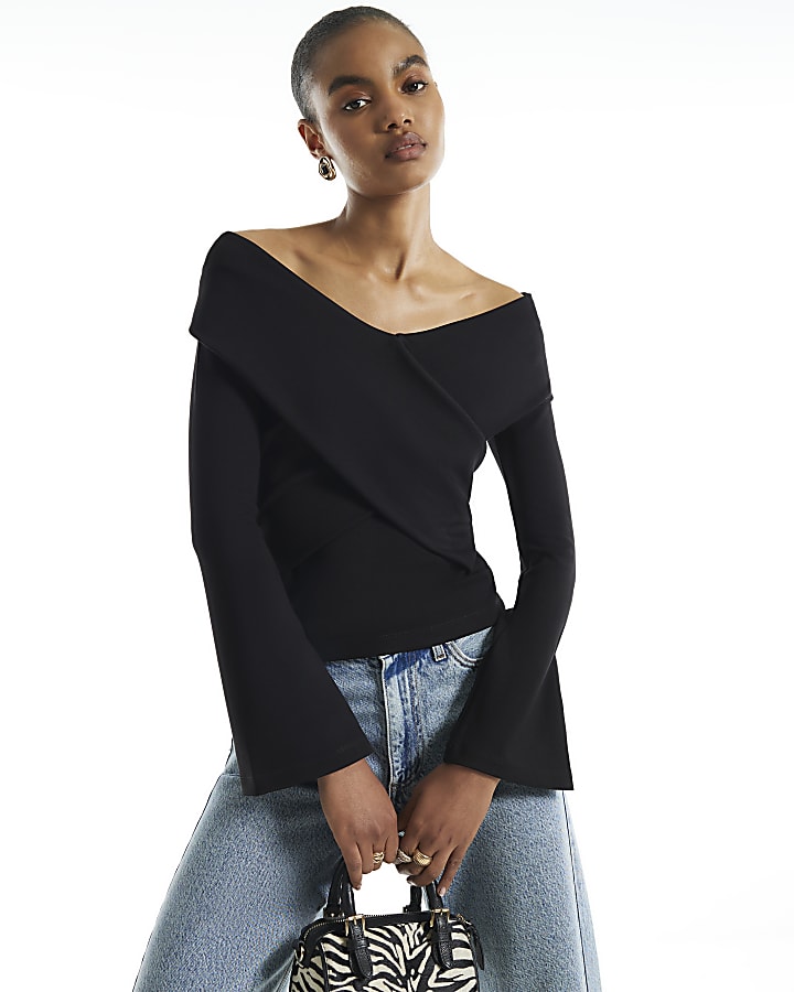 Black Cross Front Bardot Top 