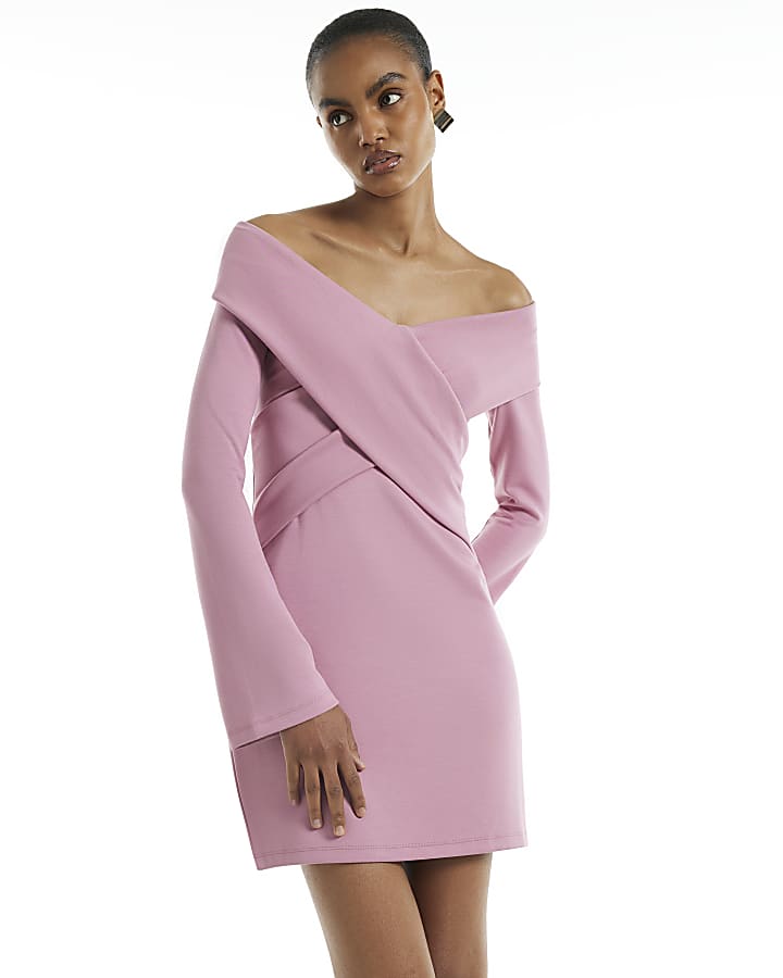 Pink Premium Cross Front Bardot Dress 
