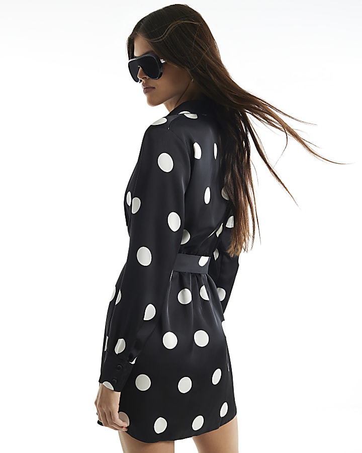 Black Satin Spot Print Long Sleeve Mini Dress