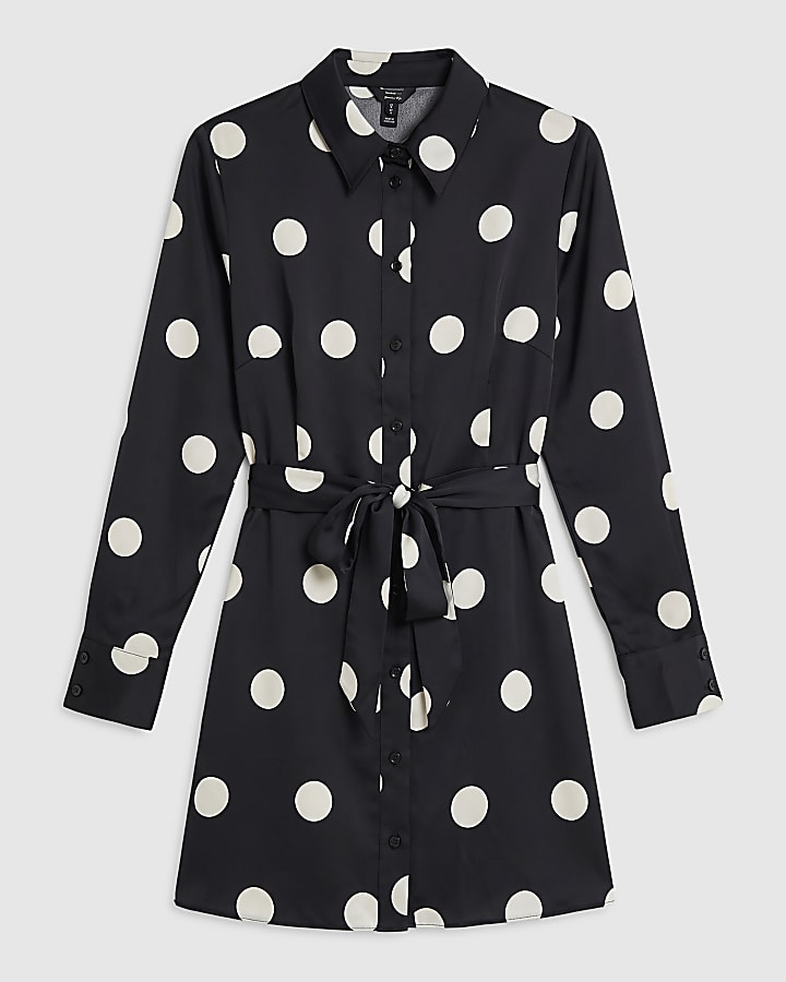 Black Satin Spot Print Long Sleeve Mini Dress