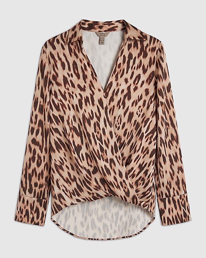 Beige Animal Print Wrap Front Blouse
