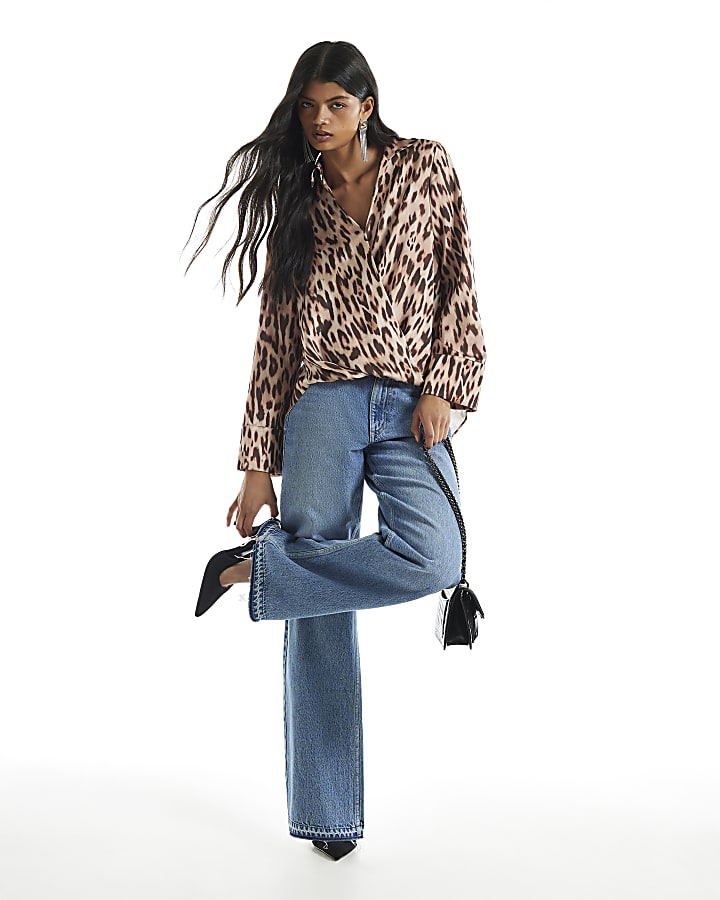 Beige Animal Print Wrap Front Blouse
