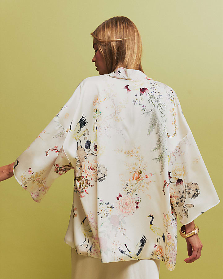 Cream Floral Print Kimono