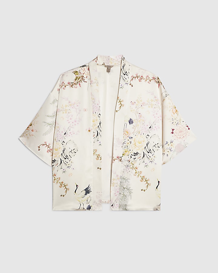 Cream Floral Print Kimono