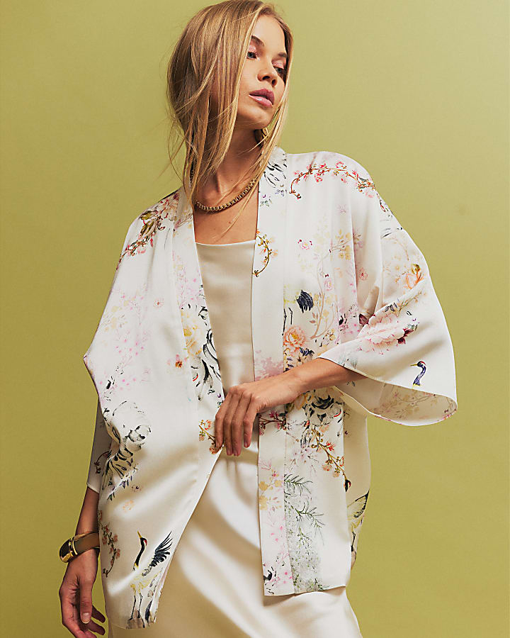 Cream Floral Print Kimono