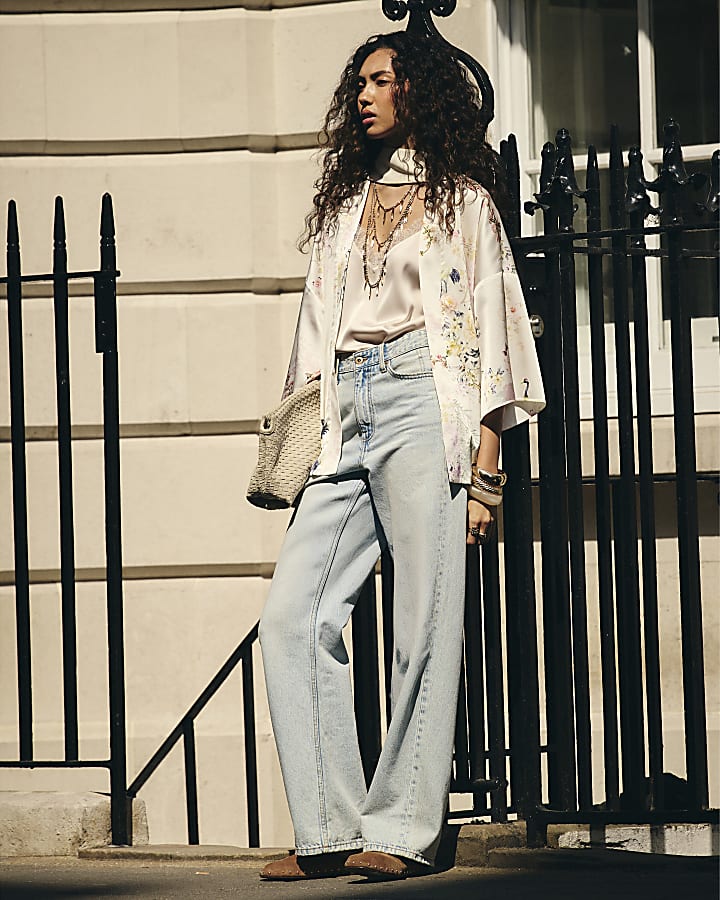 Cream Floral Print Kimono